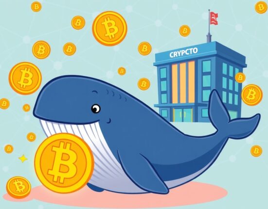 Cartoon illustration of a large whale symbolizing a significant Bitcoin transfer moving towards a crypto exchange, highlighting market impact and the importance of a Bitcoin transfer.