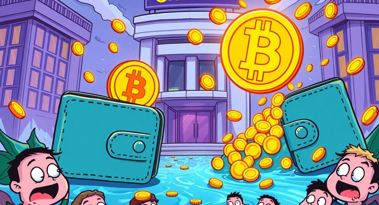 A vibrant cartoon illustrating a massive Bitcoin transfer from wallets to a cryptocurrency exchange.