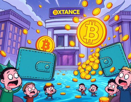 A vibrant cartoon illustrating a massive Bitcoin transfer from wallets to a cryptocurrency exchange.