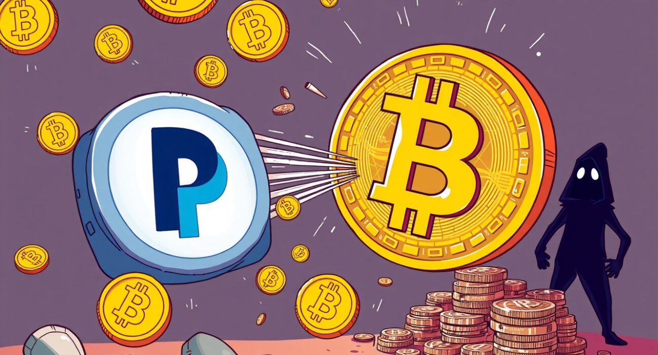 A cartoon depicting a large Bitcoin transfer, highlighting the movement of BTC to PayPal and its potential market impact.