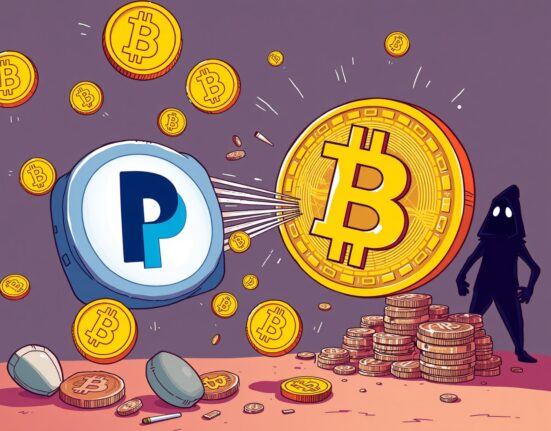A cartoon depicting a large Bitcoin transfer, highlighting the movement of BTC to PayPal and its potential market impact.