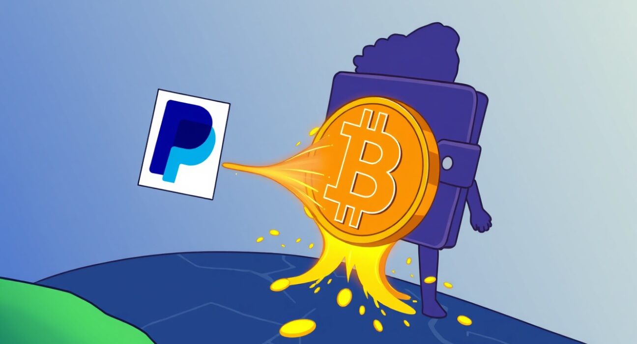 A cartoon illustration showing a large Bitcoin transfer from a PayPal account to an unknown crypto wallet, symbolizing a significant movement of funds.