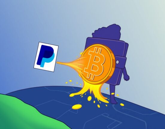 A cartoon illustration showing a large Bitcoin transfer from a PayPal account to an unknown crypto wallet, symbolizing a significant movement of funds.