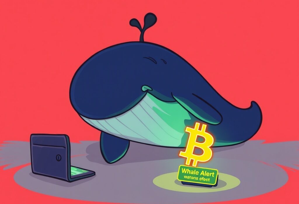 Cartoon illustration depicting a mysterious Bitcoin transfer by a large crypto whale to an unknown wallet, highlighting market impact.