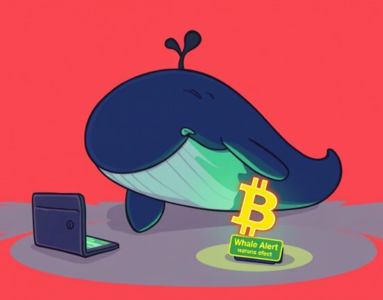 Cartoon illustration depicting a mysterious Bitcoin transfer by a large crypto whale to an unknown wallet, highlighting market impact.