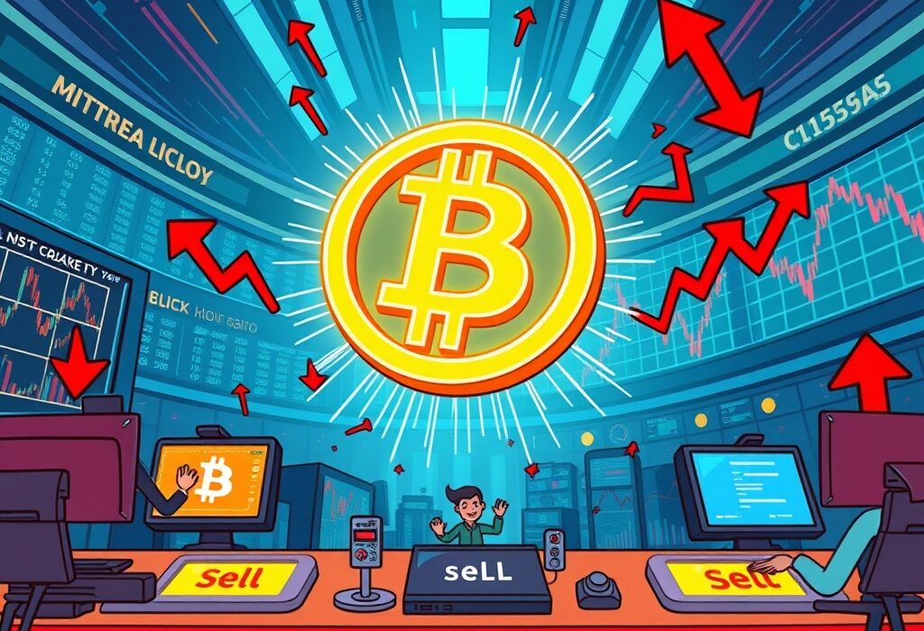 Cartoon illustration showing the dramatic market impact of large Bitcoin transfers, leading to a surge in short positions.