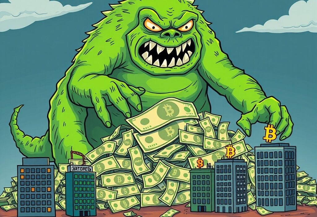 Cartoon illustration showing Bitcoin treasuries as a strategic defense for companies against a large national debt monster and devaluing currency.