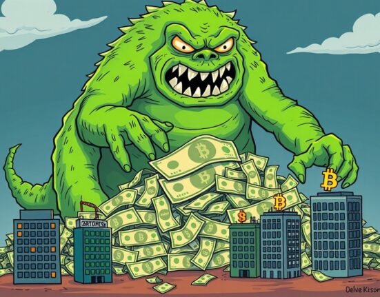 Cartoon illustration showing Bitcoin treasuries as a strategic defense for companies against a large national debt monster and devaluing currency.