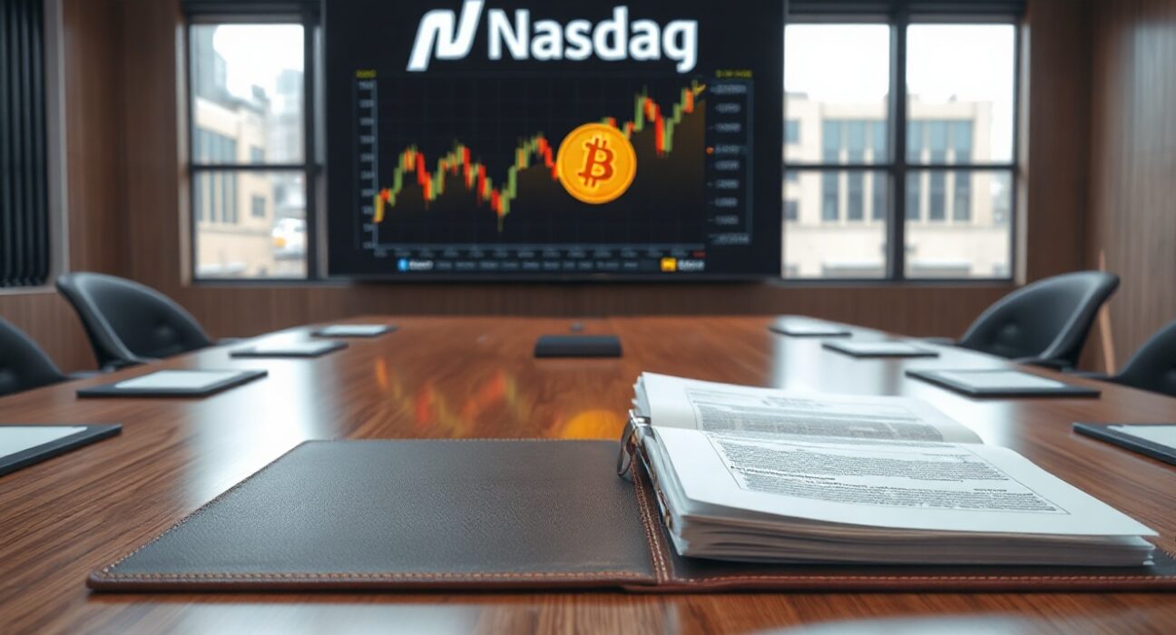 Corporate boardroom with Bitcoin chart and Nasdaq logo on screen during merger vote