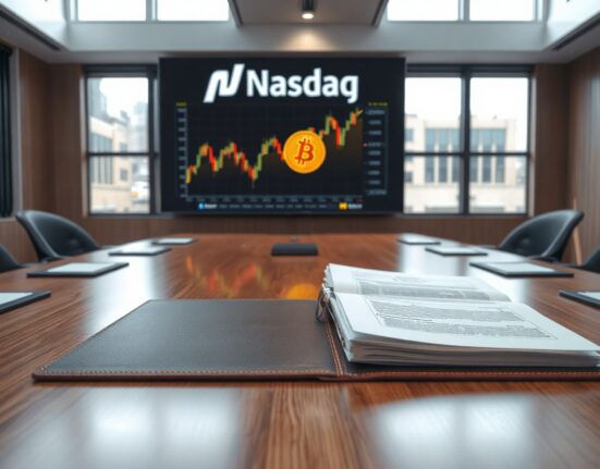 Corporate boardroom with Bitcoin chart and Nasdaq logo on screen during merger vote