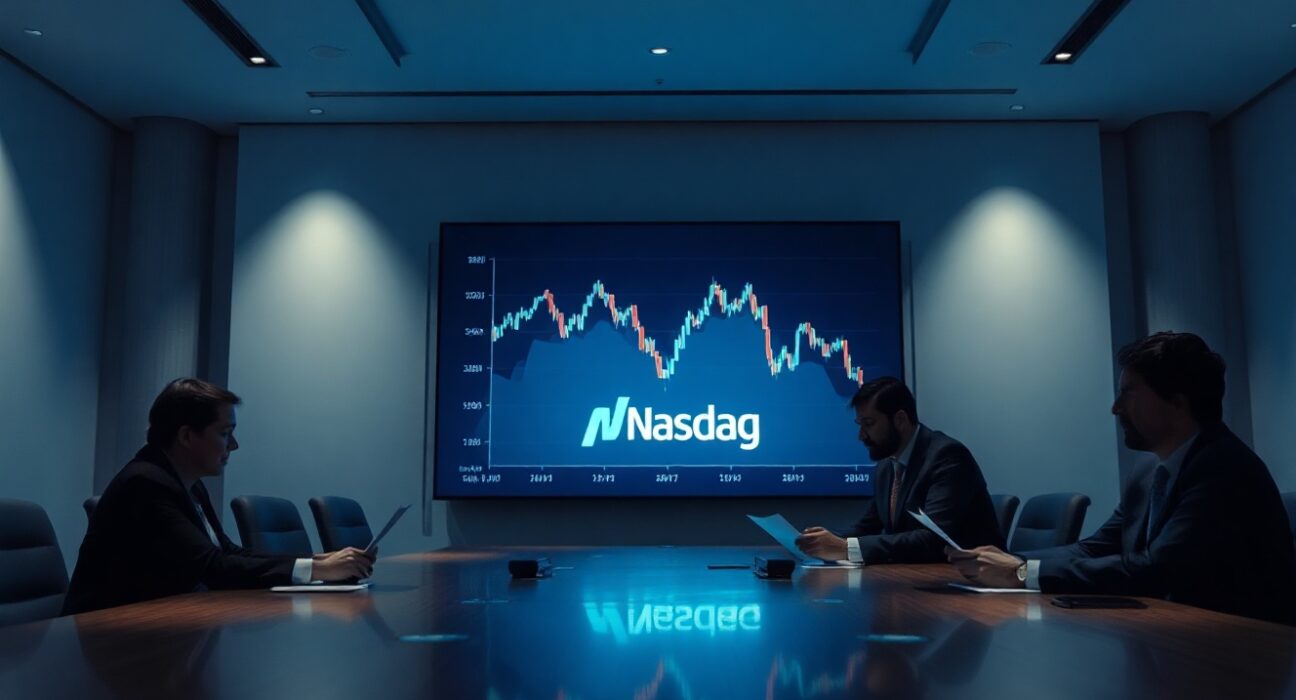 Two business professionals reviewing documents in a boardroom with a Bitcoin price chart on a digital screen