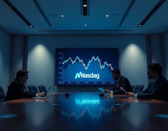 Two business professionals reviewing documents in a boardroom with a Bitcoin price chart on a digital screen