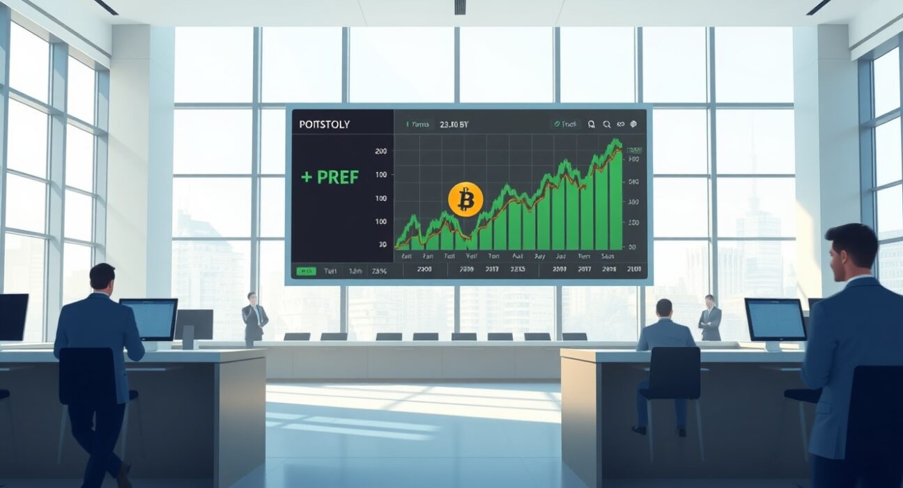 Stock exchange display showing PREF ticker and Bitcoin logo with green charts