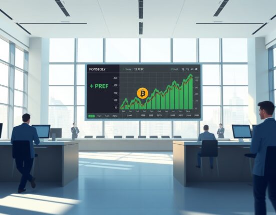 Stock exchange display showing PREF ticker and Bitcoin logo with green charts