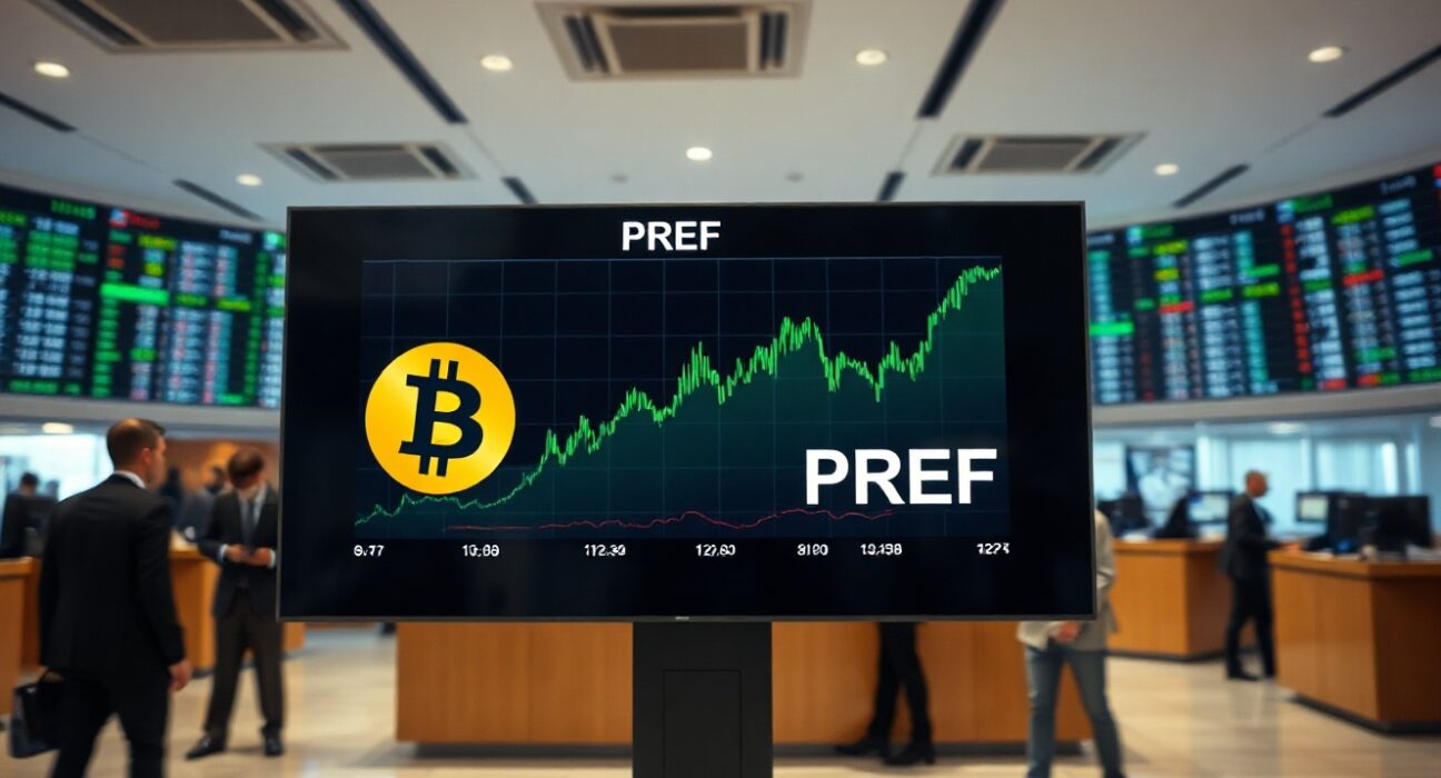 Digital display showing BTC PREF stock ticker and Bitcoin logo on a trading floor in Stockholm