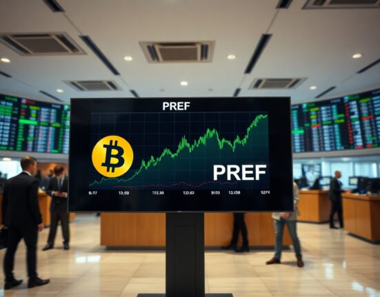 Digital display showing BTC PREF stock ticker and Bitcoin logo on a trading floor in Stockholm