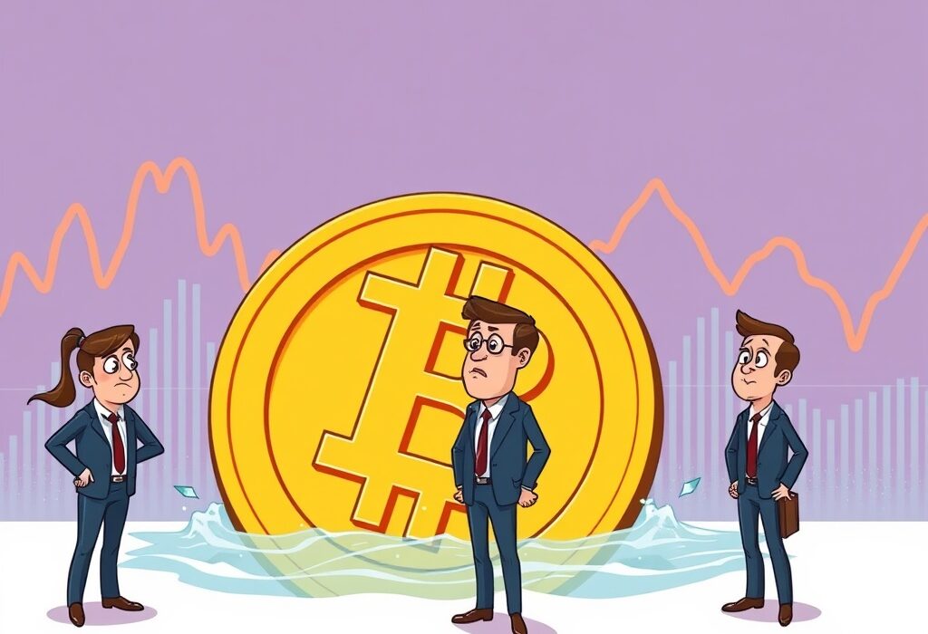 Cartoon showing worried executives observing a declining Bitcoin symbol, representing the struggles of Bitcoin treasury firms with falling valuations.