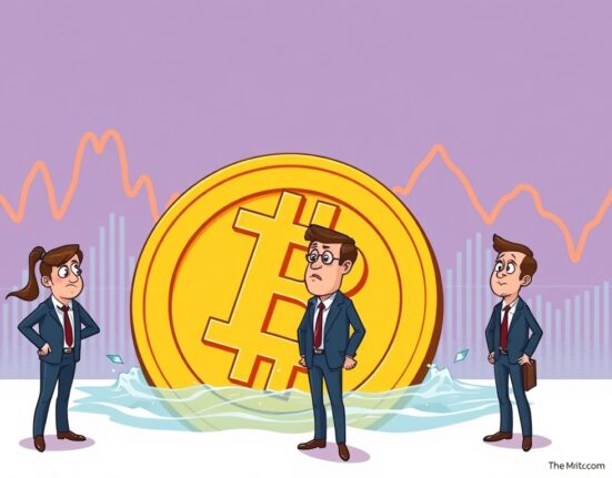 Cartoon showing worried executives observing a declining Bitcoin symbol, representing the struggles of Bitcoin treasury firms with falling valuations.