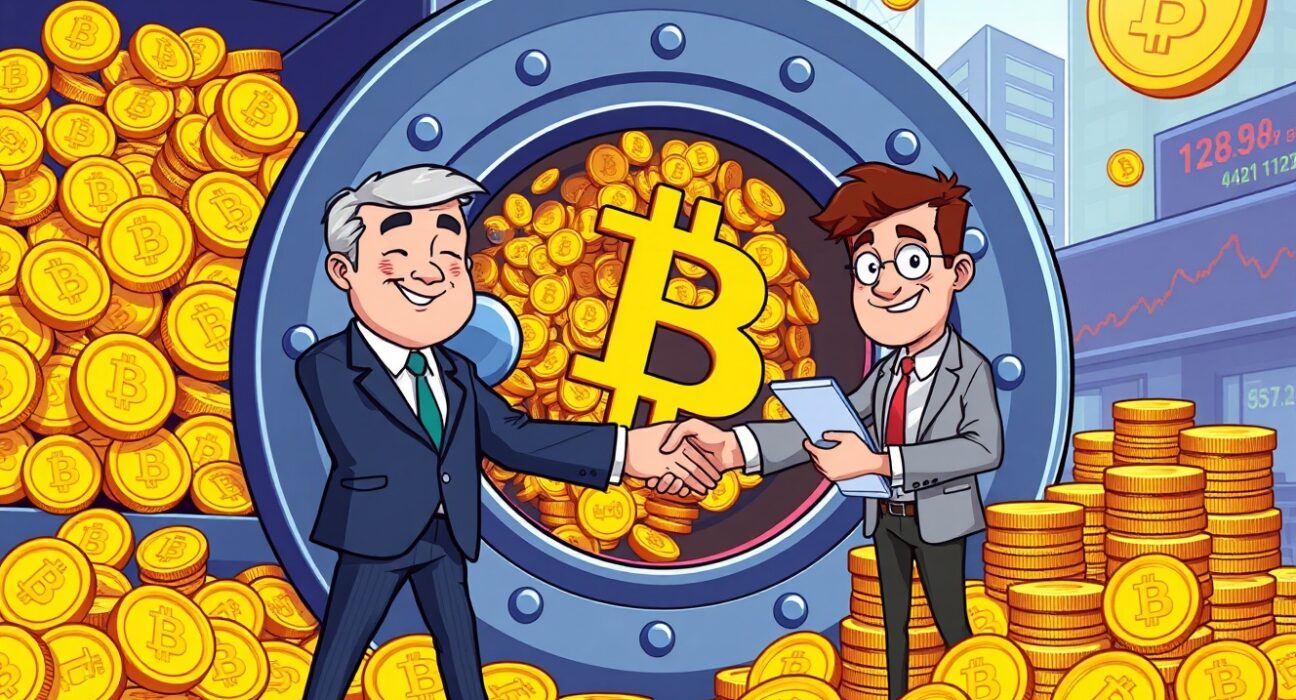 Cartoon illustration of a business executive and exchange representative celebrating a Bitcoin Treasury Corporation OTCQX listing, symbolizing institutional Bitcoin adoption.