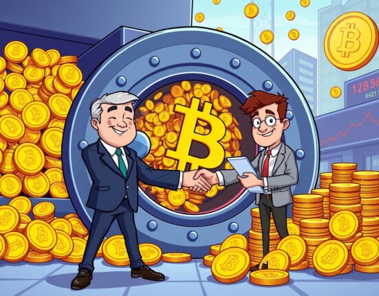Cartoon illustration of a business executive and exchange representative celebrating a Bitcoin Treasury Corporation OTCQX listing, symbolizing institutional Bitcoin adoption.