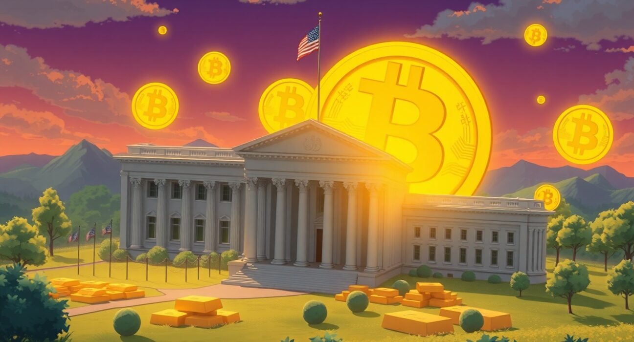 US Treasury building merging with Bitcoin and gold symbols representing the Republican proposal for reserve diversification.