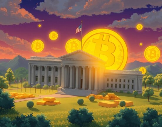 US Treasury building merging with Bitcoin and gold symbols representing the Republican proposal for reserve diversification.