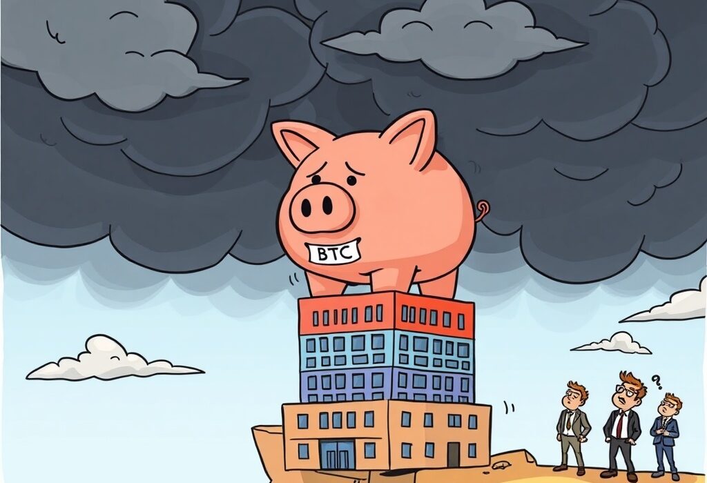 A cartoon illustration depicting the potential risks faced by Bitcoin treasury companies, with a large BTC piggy bank teetering on unstable foundations.