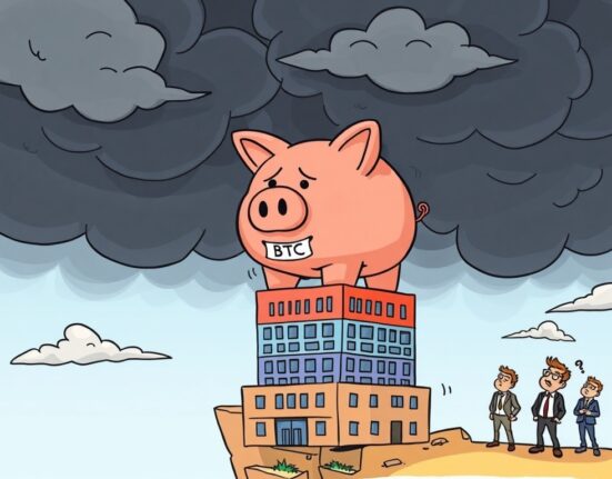 A cartoon illustration depicting the potential risks faced by Bitcoin treasury companies, with a large BTC piggy bank teetering on unstable foundations.