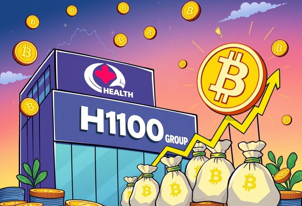 Cartoon illustration showing H100 Group's financial success driven by its innovative Bitcoin Treasury Strategy, with Bitcoin symbols and growth charts.