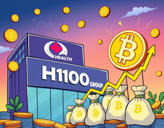 Cartoon illustration showing H100 Group's financial success driven by its innovative Bitcoin Treasury Strategy, with Bitcoin symbols and growth charts.