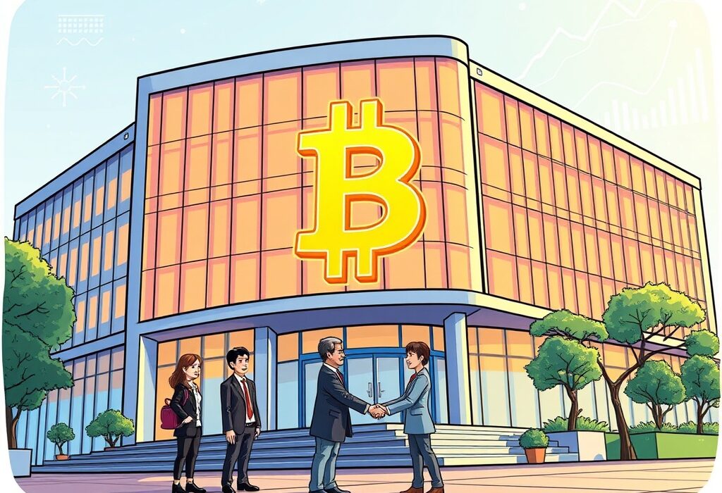A cartoon illustration showing a Taiwanese company embracing a Bitcoin treasury strategy, symbolizing corporate Bitcoin adoption.
