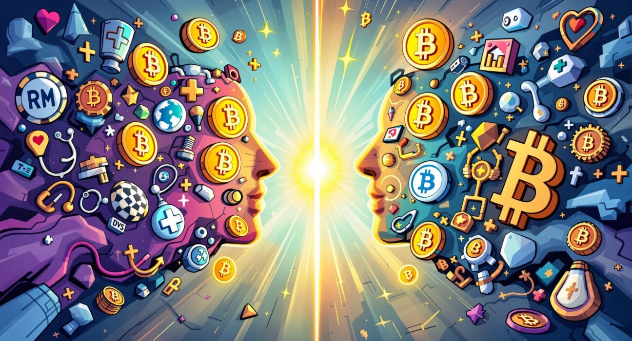 An illustration showing the symbolic merger of a healthcare entity and a Bitcoin treasury vehicle, highlighting innovation in the crypto finance space.