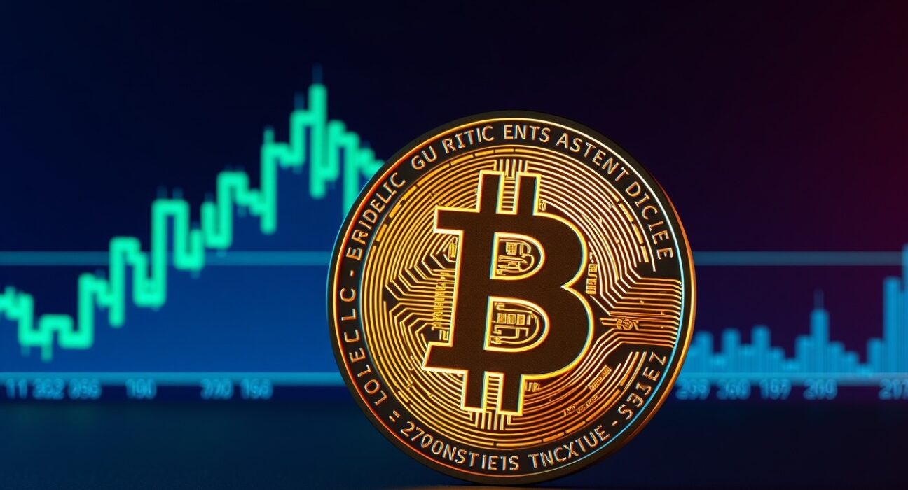 Bitcoin coin in front of upward-trending candlestick charts with a $70K resistance line