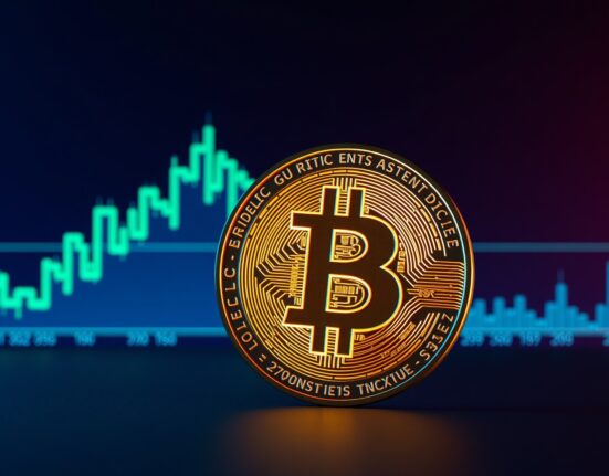 Bitcoin coin in front of upward-trending candlestick charts with a $70K resistance line