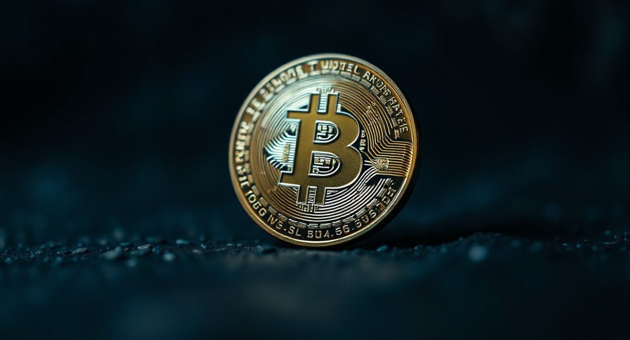 Close-up of a Bitcoin coin on a dark surface with moody lighting, representing market uncertainty and potential bottoming.