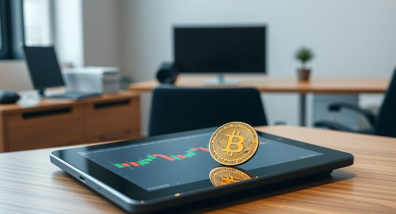 Bitcoin coin on a tablet showing mixed candlestick chart, indicating cautious market analysis.