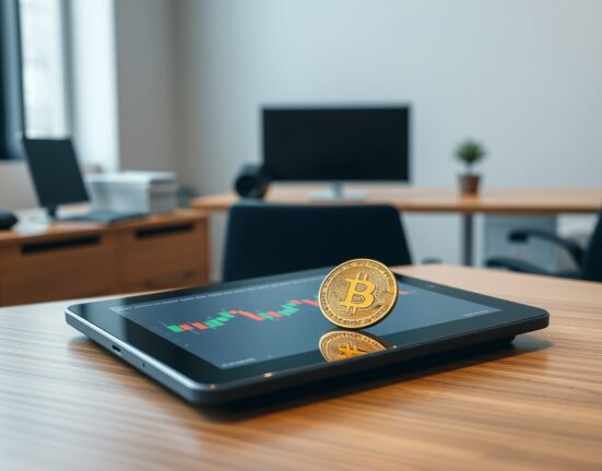 Bitcoin coin on a tablet showing mixed candlestick chart, indicating cautious market analysis.