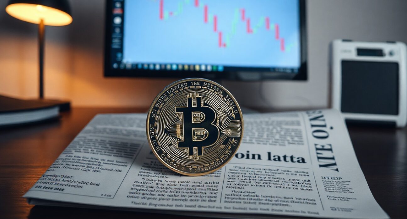 Bitcoin coin on financial newspaper with CPI headline and candlestick chart in background
