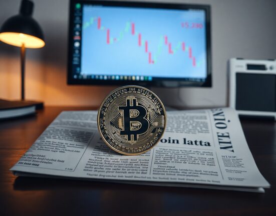 Bitcoin coin on financial newspaper with CPI headline and candlestick chart in background
