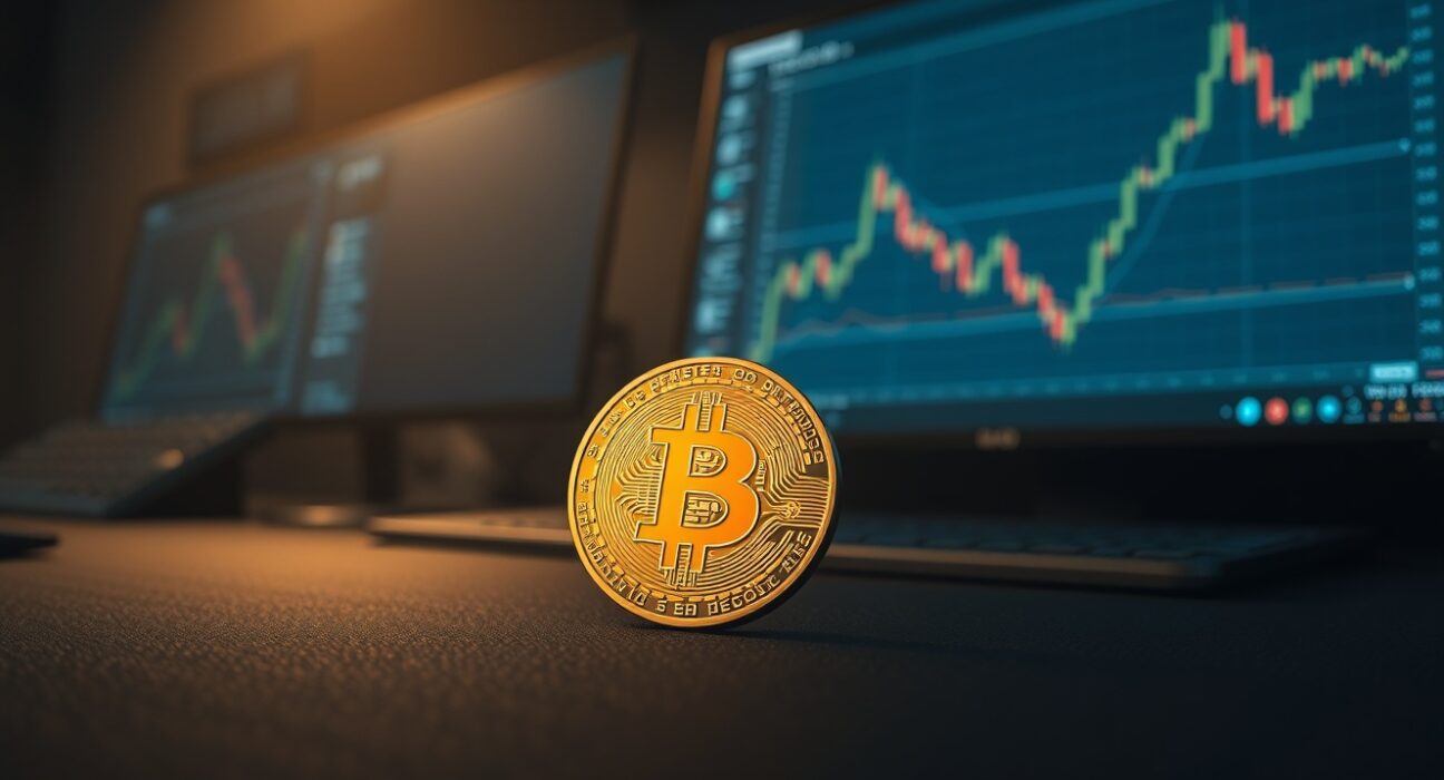 Bitcoin coin on a dark trading desk with subtle chart background, representing on-chain cost basis analysis.