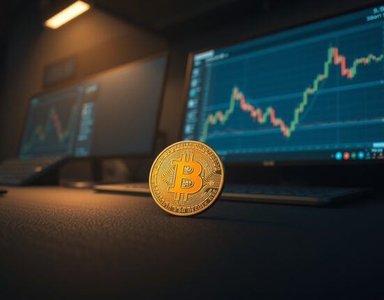 Bitcoin coin on a dark trading desk with subtle chart background, representing on-chain cost basis analysis.