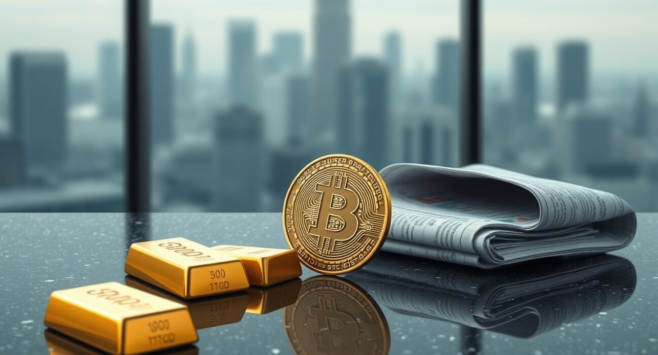 Bitcoin coin alongside gold bars representing its strength as an inflation hedge and store of value.