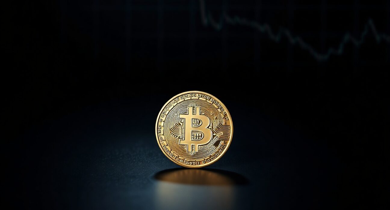Bitcoin coin resting on a reflective surface with subtle chart lines in the background