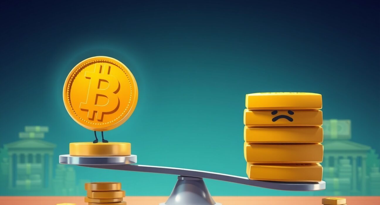 Cartoon Bitcoin coin outweighing gold bars, illustrating Bitcoin undervalued compared to overvalued gold in vibrant style.