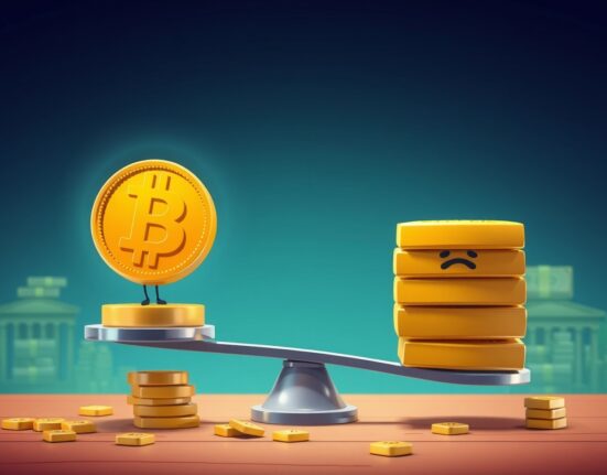 Cartoon Bitcoin coin outweighing gold bars, illustrating Bitcoin undervalued compared to overvalued gold in vibrant style.