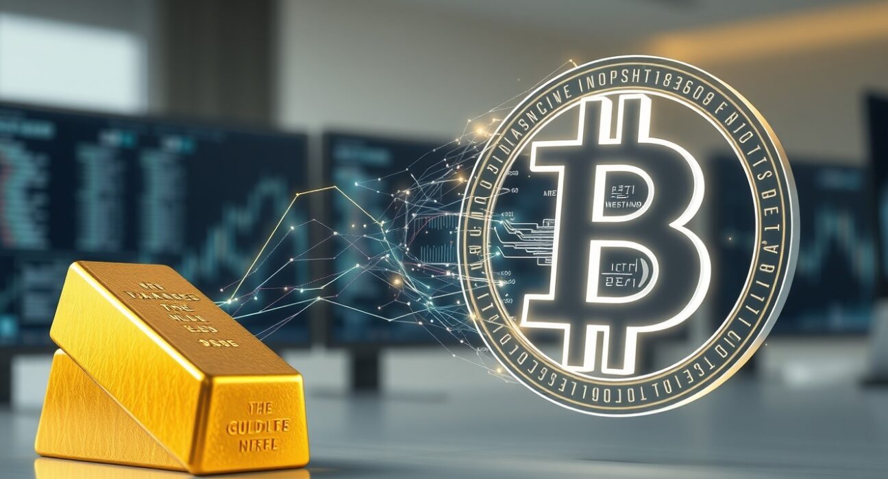 Symbolic representation of asset rotation from gold bullion to the Bitcoin logo, illustrating a major market shift.