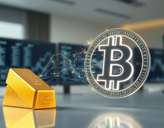 Symbolic representation of asset rotation from gold bullion to the Bitcoin logo, illustrating a major market shift.