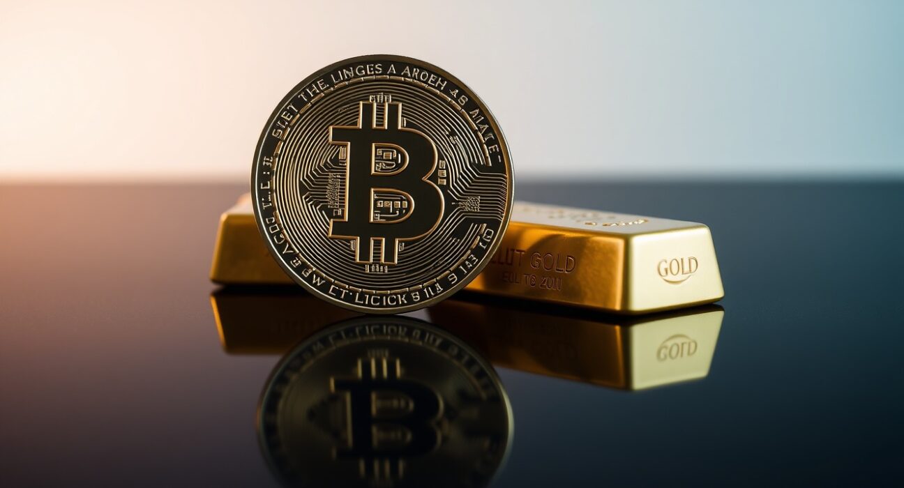 Bitcoin coin and gold bar side by side on a dark surface