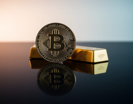 Bitcoin coin and gold bar side by side on a dark surface
