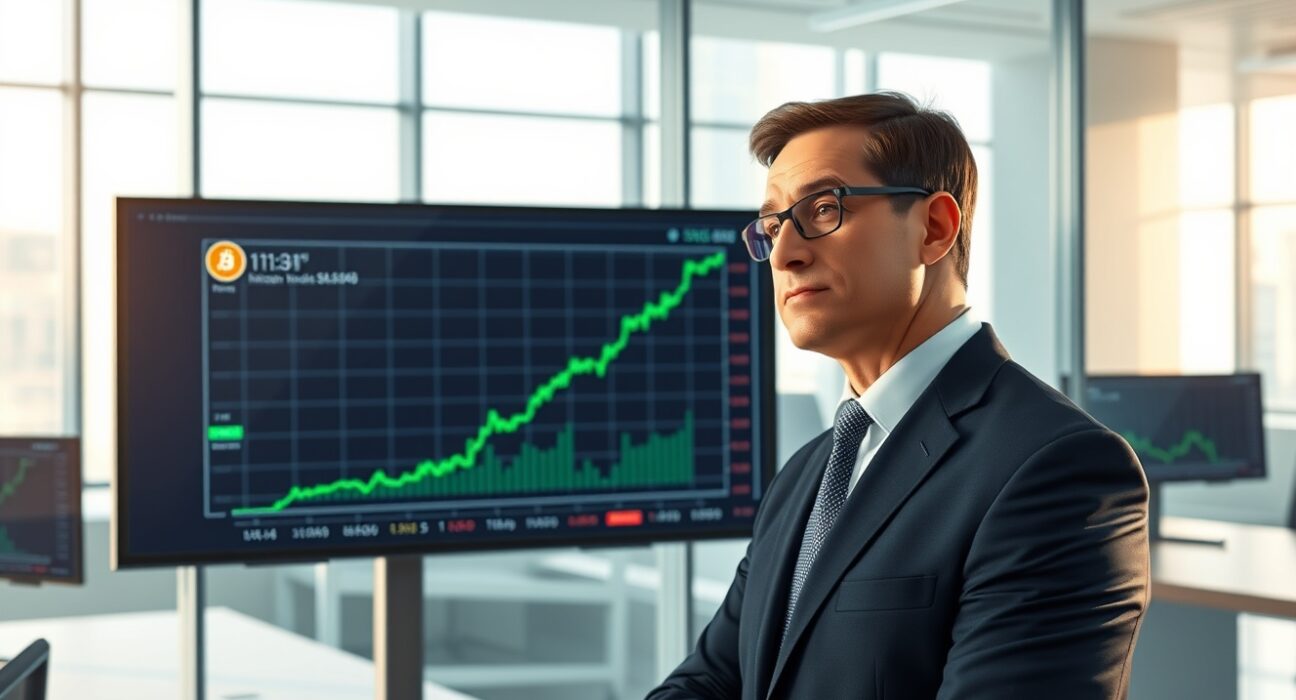 Institutional investor analyzing Bitcoin price charts on a digital display, reflecting the Coinbase report on Bitcoin undervalued by institutions despite AI hacking risks.